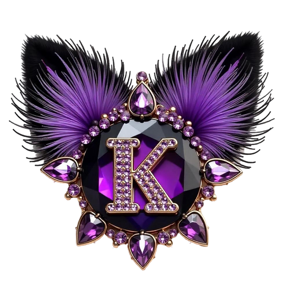 A shining rhinestone with cat ears with a "K' printed in the center